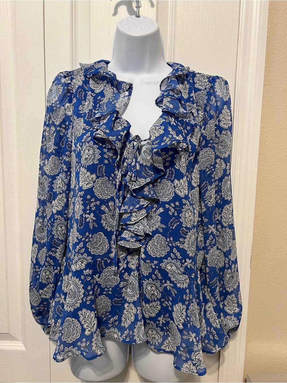 CeCe Royal Blue Floral Ruffle Tie-Neck Blouse